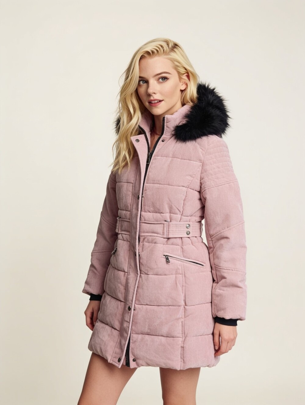 Quilted Hooded Puffer Coat in Dusty Pink with Faux Fur Trim Minky Lined Trench